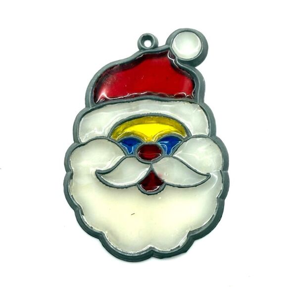 Vintage Stained Glass Christmas Santa Head Window Ornament - Picture 1 of 3